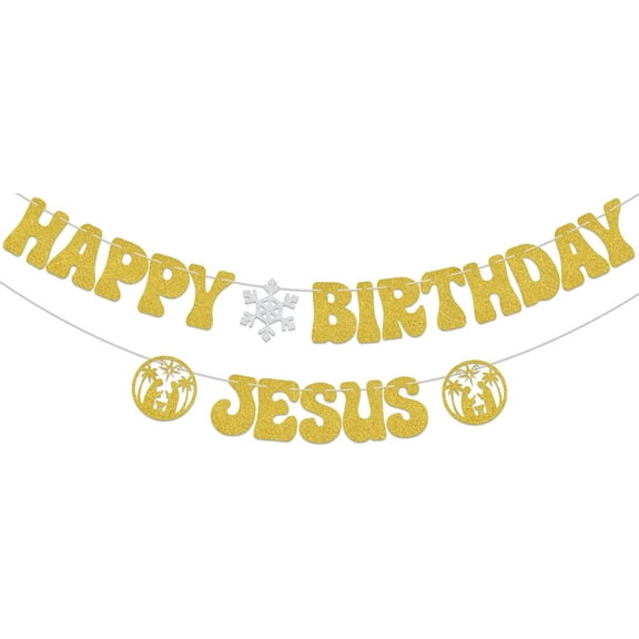 Happy Birthday Jesus Banner,Christmas Jesus Birthday Party Decorations,Merry Birthday Banner,Christmas New Year Holiday Party Decor Glitter Gold