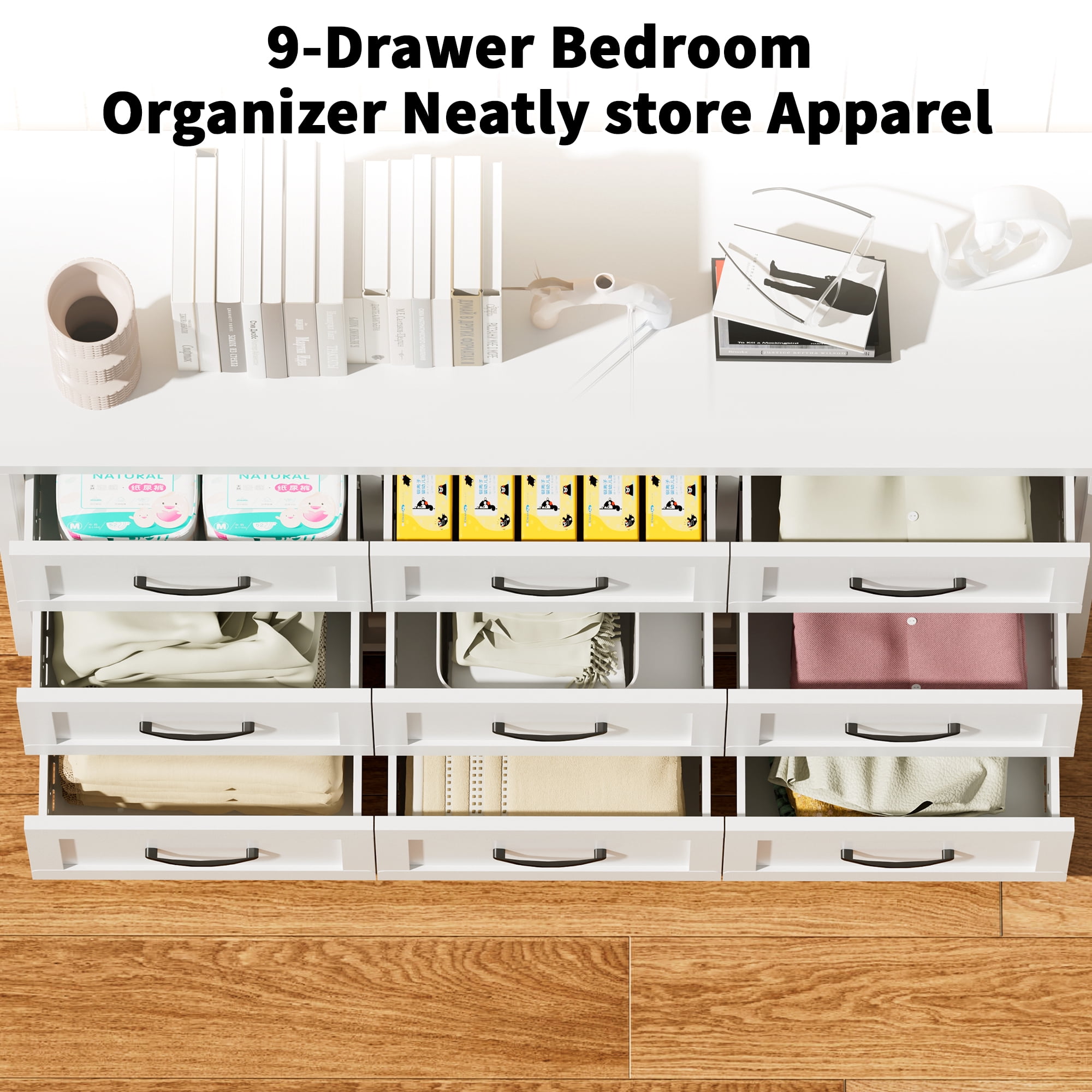 ShiKeyi 9 Drawer Dresser for Bedroom, Modern Metal Wide Storage Chest with Metal Handles and Legs, White