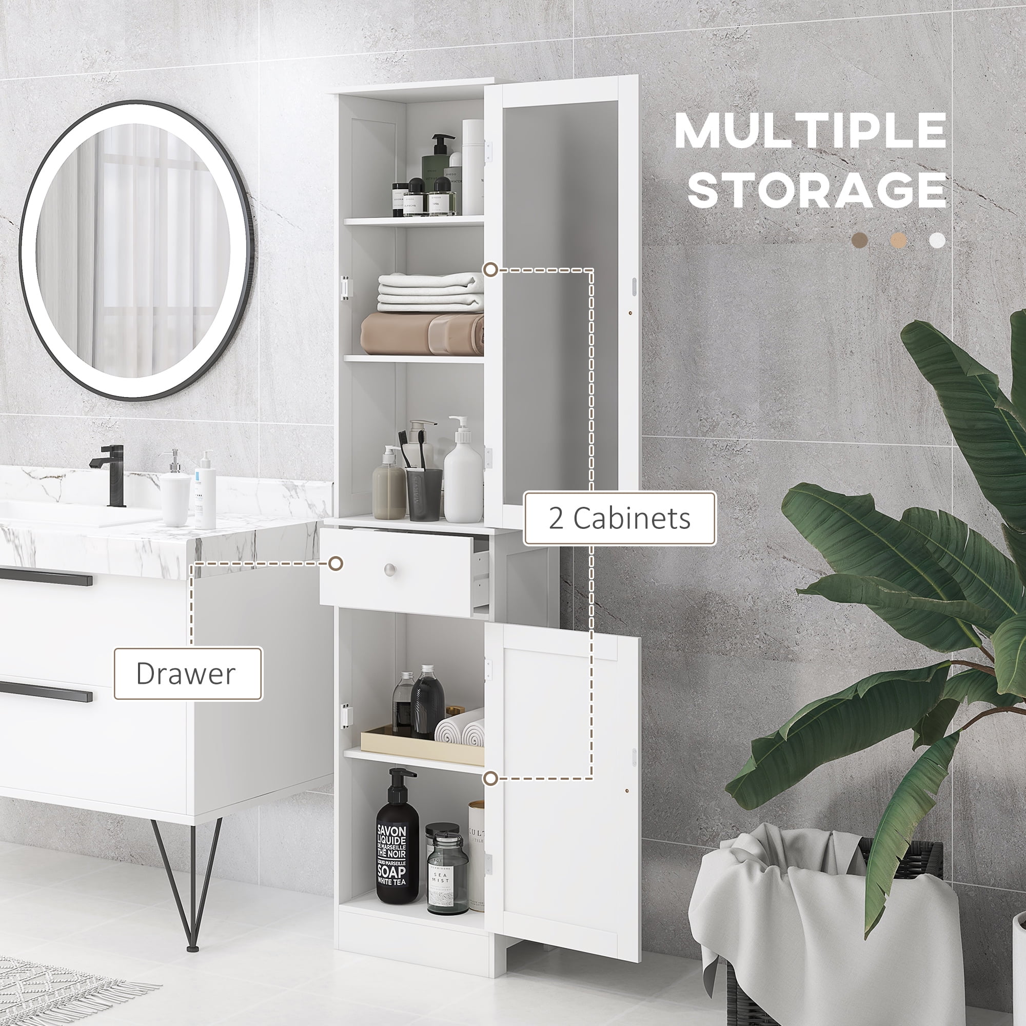 HOQBN Bathroom Storage Cabinet with 3-tier Shelf Drawer Door, Floor Cabinet Free Standing Tall Slim Side Organizer Shelves, White