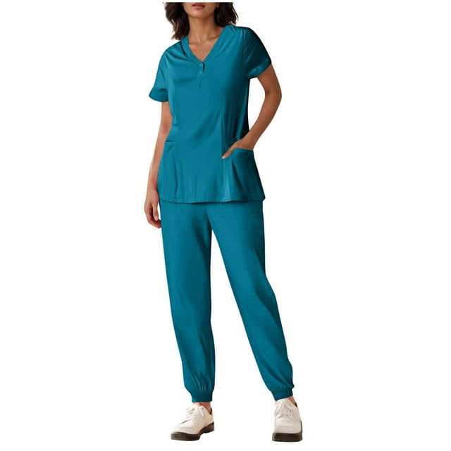Yanlir Womens Button Down Solid Color Short Sleeve V Neck Blouse and Foot Binding Pants Set Fashion Two Piece Outfit(Sky Blue,2XL)