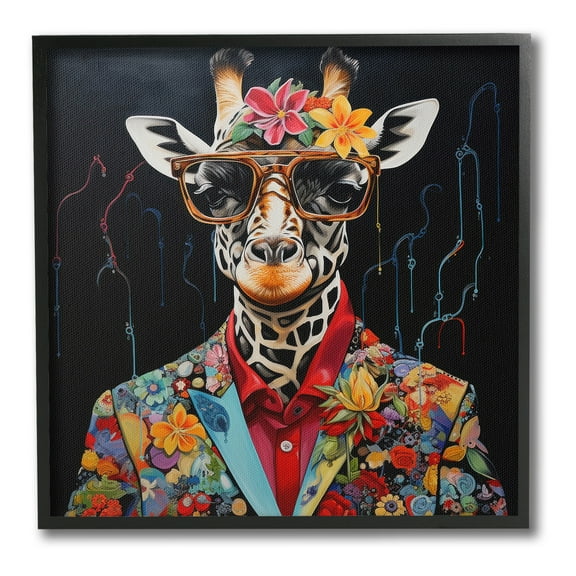 Stupell Industries Giraffe in Floral Suit Animals & Insects Painting Black Framed Art Print Wall Art, 17 x 17