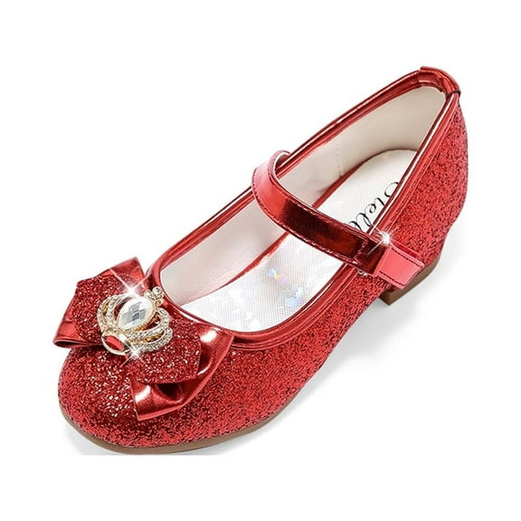 Stelle Girls Mary Jane Glitter Shoes Low Heel Princess Dress Shoes,Toddler Little Girls Crown Flower Girl Wedding Party Dress Pump Shoes,Red