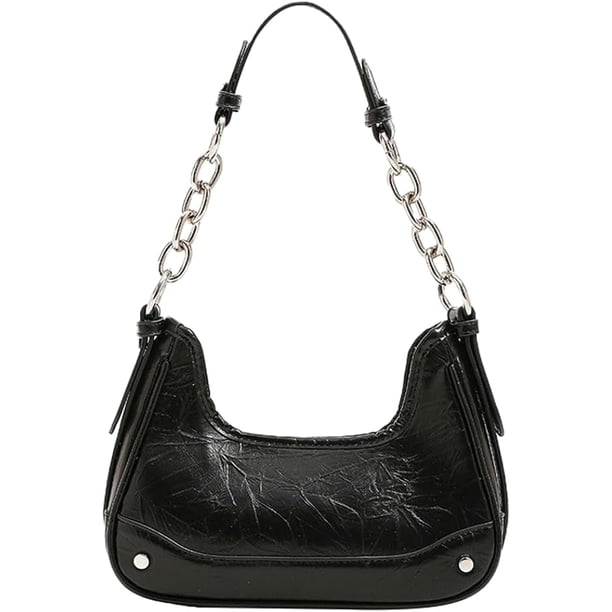 LHSHID Vintage Crescent Bag Silver Tote Purse for Women Y2k Tote Bag Shiny Leather Shoulder Bag Clutch Zipper Hobo Evening Bag