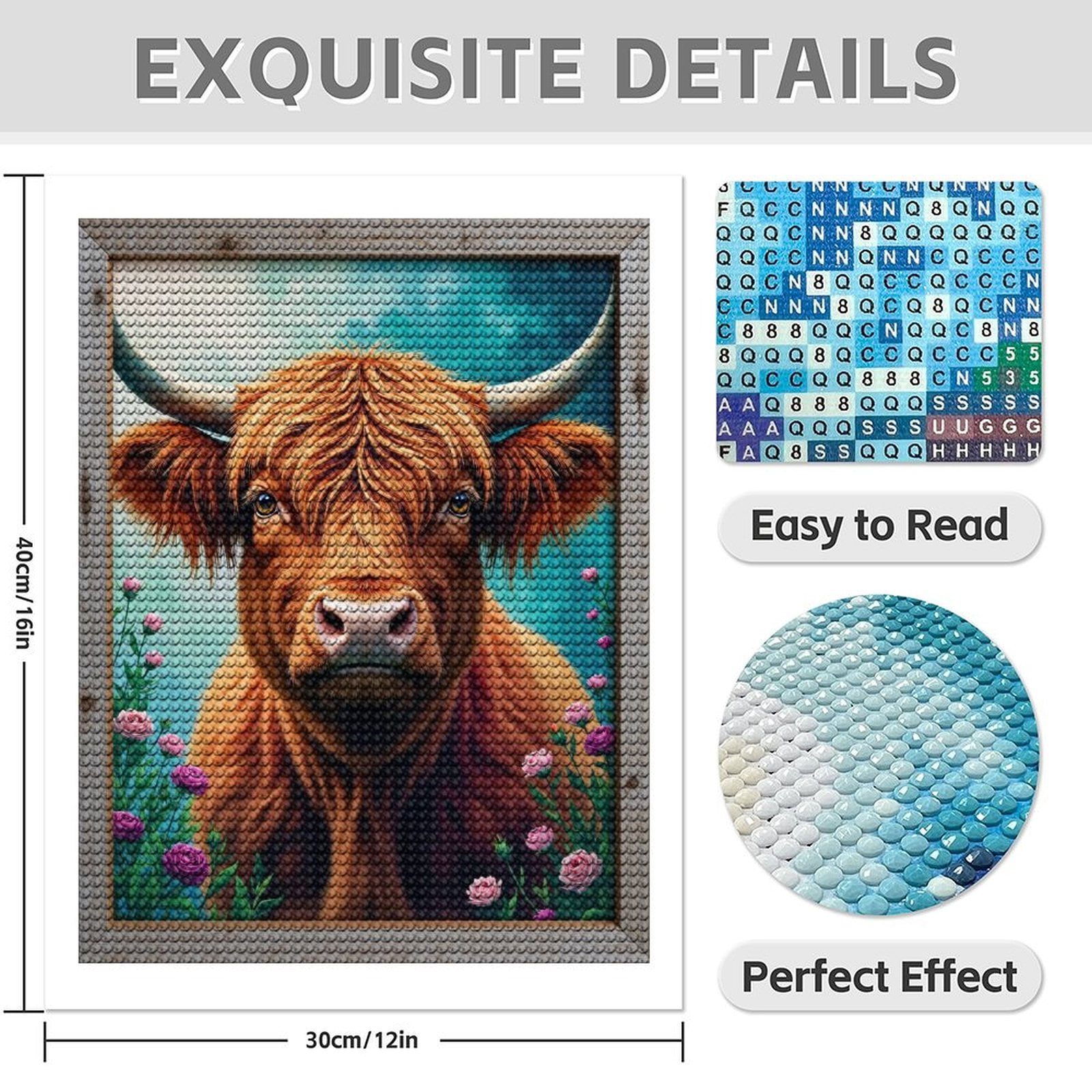 Diamond Art Kit for Adults, Floral Cow Portrait Framed Art Diamond Painting for Adults Beginners, 5D DIY Diamond Art Painting Kits, Colorful Diamond Painting Craft for Home Decor 12x16