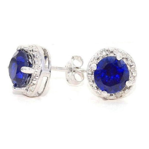 2 Ct Blue Sapphire Round Diamond Stud Earrings 14Kt White Gold & Sterling Silver