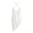 thumbnail image 6 of Women's Lace Embellished Tops Satin Spaghetti Strap Deep V Neck Tank Top Asymmetrical Hem Soft Daily Going Out Summer Camisole, #02 Beige, XL, 6 of 7