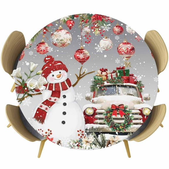 Grey Christmas Round Tablecloth 55-60 Inch Round Fitted Table Cloth with Elastic Edge, Snowman Truck Xmas Balls Snowflake Waterproof Table Cover Protector for Outdoor Picnic Party Dining
