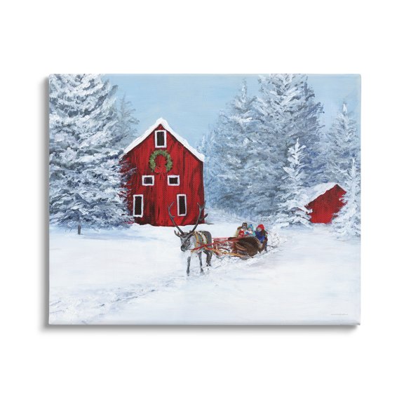 Reindeer Pulling Sled Children Rural Niveous Landscape Landscape Painting Gallery-Wrapped Canvas Print Wall Art