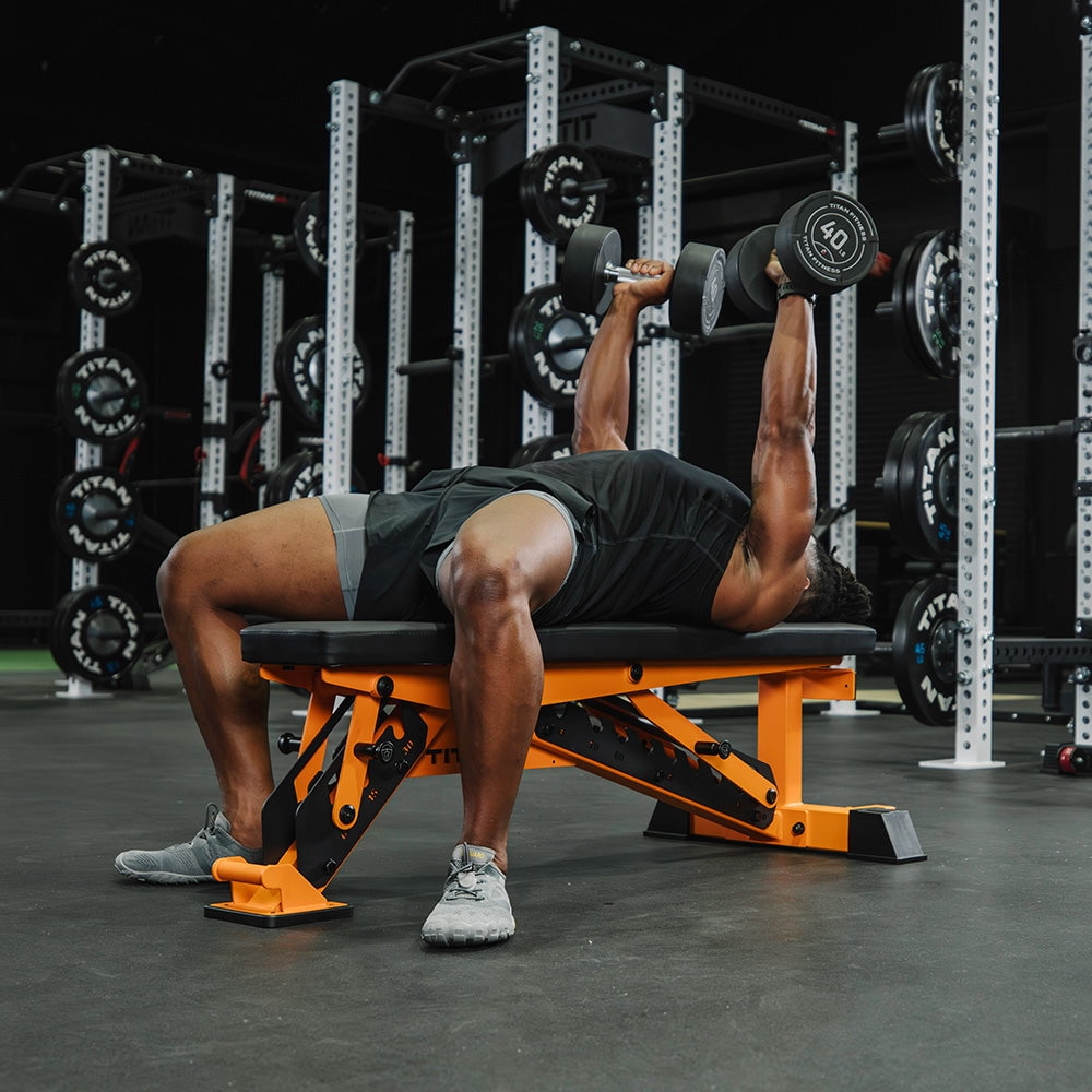 Titan Fitness TITAN Series Orange Adjustable Bench, Supports 600 LB Incline, 1,000 LB Flat