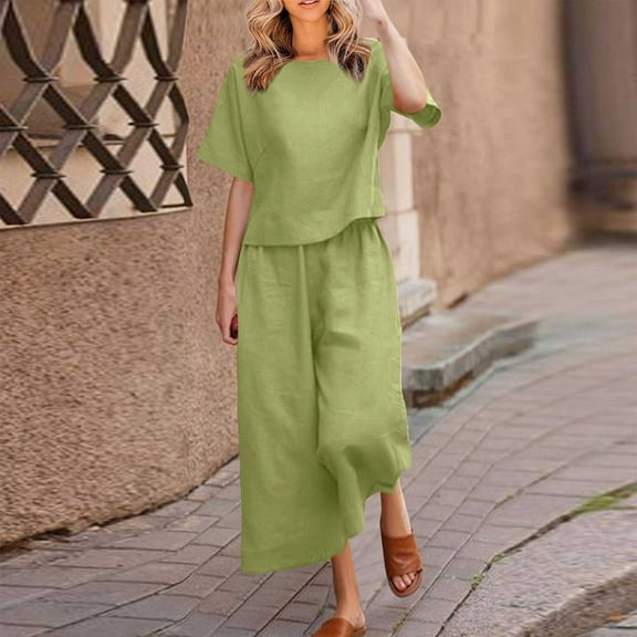 YANHAIGONG Summer Linen Outfits for Women 2 Piece Set,Long Sleeve Sets Women 2 Piece Cotton Linen Outfits,Fashion Solid Lounge Sets for Women 2 Piece Wide Leg Pants Crew Neck Tops 2025 Trendy