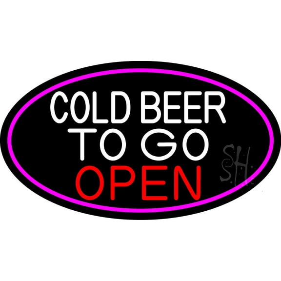 Cold Beer To Go Open Oval With Pink Border LED Neon Sign 20 x 37 - inches, Clear Edge Cut Acrylic Backing, with Dimmer - Bright and Premium built indoor LED Neon Sign for Bar decor.