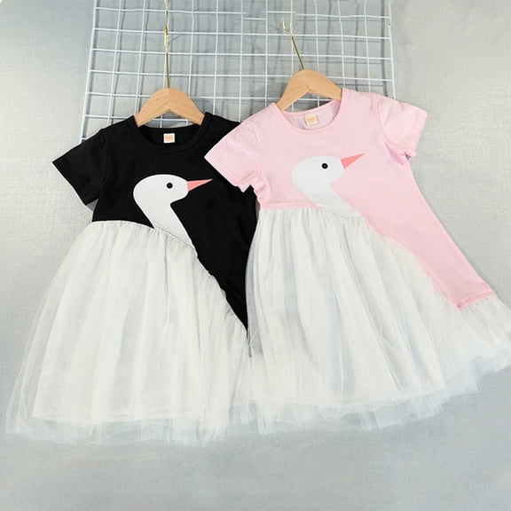 WIBACKER 2-8T Kid Girls Short Sleeve Dresses Summer Cartoon Swan Patchwork Lace Tulle Princess Dress