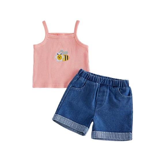 BemeyourBBs Toddler Baby Girls Summer Clothes Infant Baby Girl Denim Outfit Cute Bee Cake Ice Cream Floral Embroidery Ribbed Tank Vest Tops with Pockets Rolled Jeans Denim Shorts 2Pcs Set