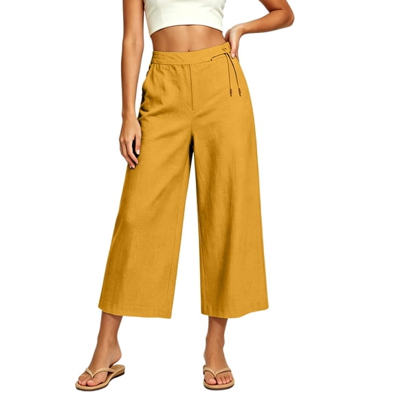Khunlpohl Cotton Linen Capris Pants for Womens Wide Legs Casual Loose Pant Fashion Lightweight Capri Trousers with Pockets
