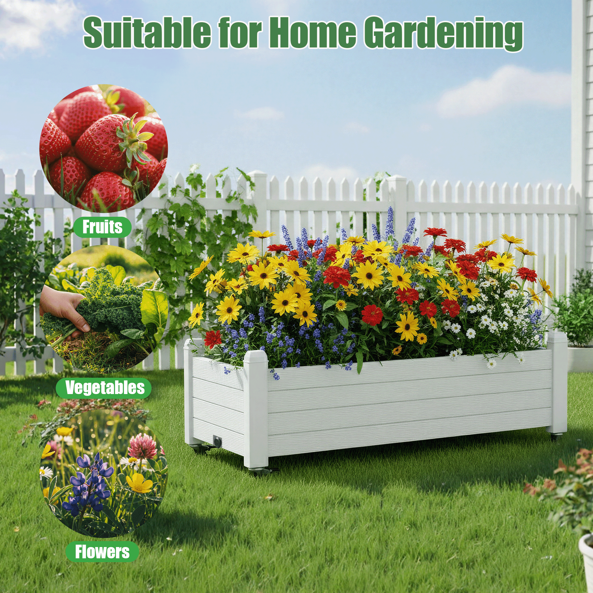 Bifanuo Durable Resin Raised Garden Bed, Plant Stand with Lockable Wheels for Flowers, Vegetables,Herbs- Perfect for Backyard, Patio, and Balcony(White)