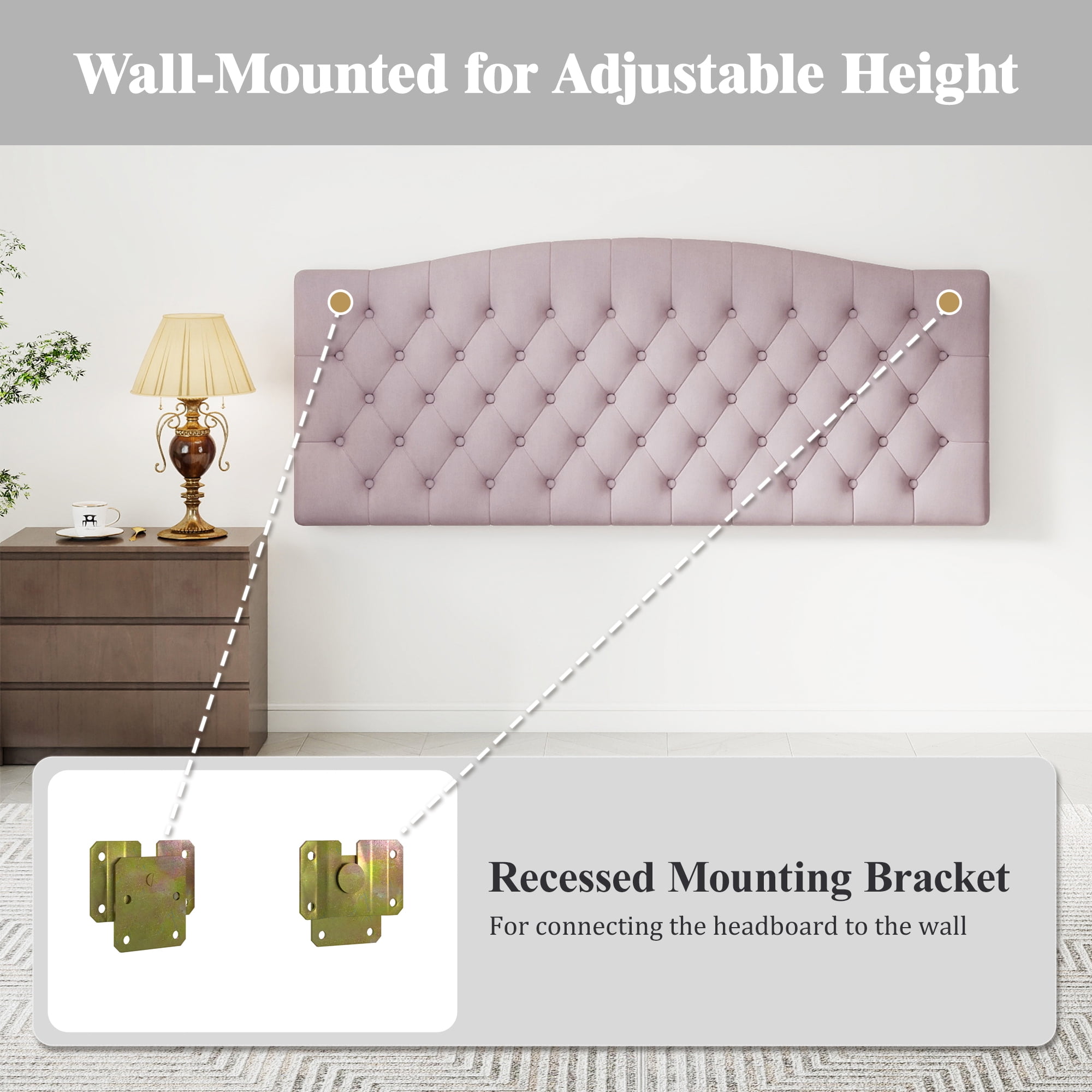 Queen Headboard Wall Mount & Bed Frame Compatible, Velvet Upholstered Button Tufted, Pink