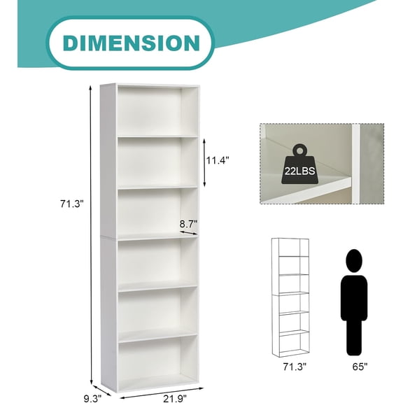 6-Tier Book Shelf, Floor Standing Open Bookcase, Wooden Display Storage Shelves with Anti-Tipping Device, 71" Tall Bookshelf for Bedroom, Living Room and Office, White