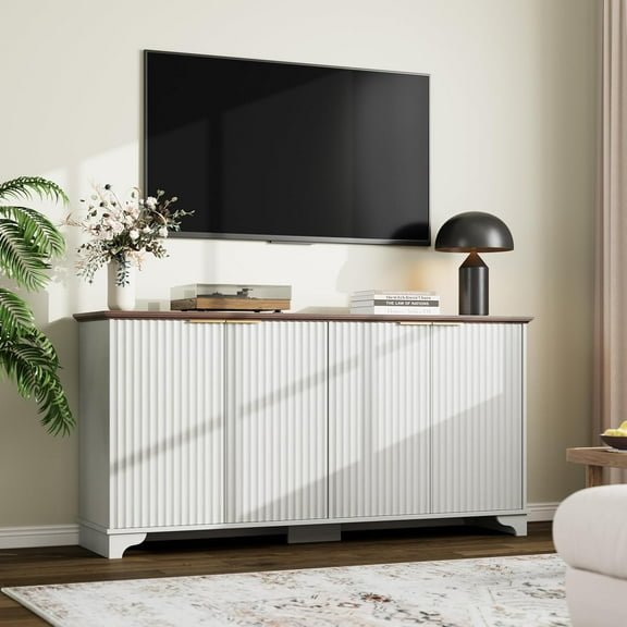 61" Large Buffet Sideboard Cabinet with 4 Fluted Doors and Storage, Modern Kitchen Storage Cabinet with Adjustable Shelves, Farmhouse Coffee Bar Cabinet for Kitchen, Living Room
