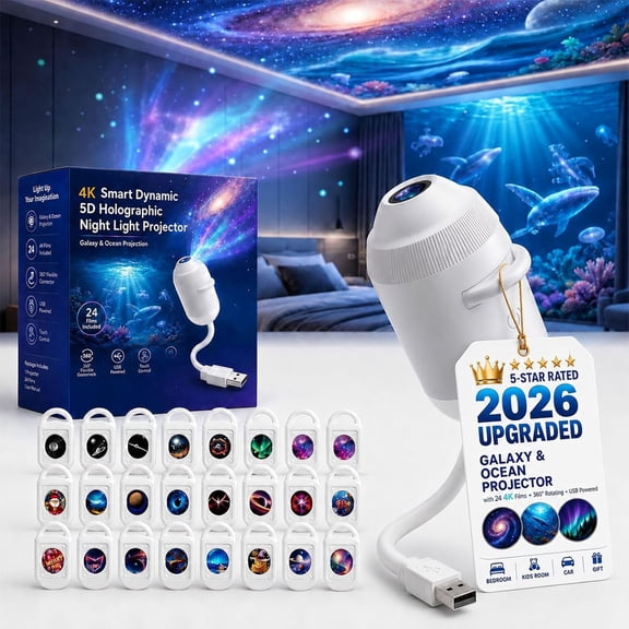 2026 Upgraded Hd Smart Dynamic 5D Holographic Night Light Projector with 24 Films, Plug and Play HD Star Projector, 2-in-1 Galaxy Star Projector, 360 Rotating, USB Powered (With 24 Films)