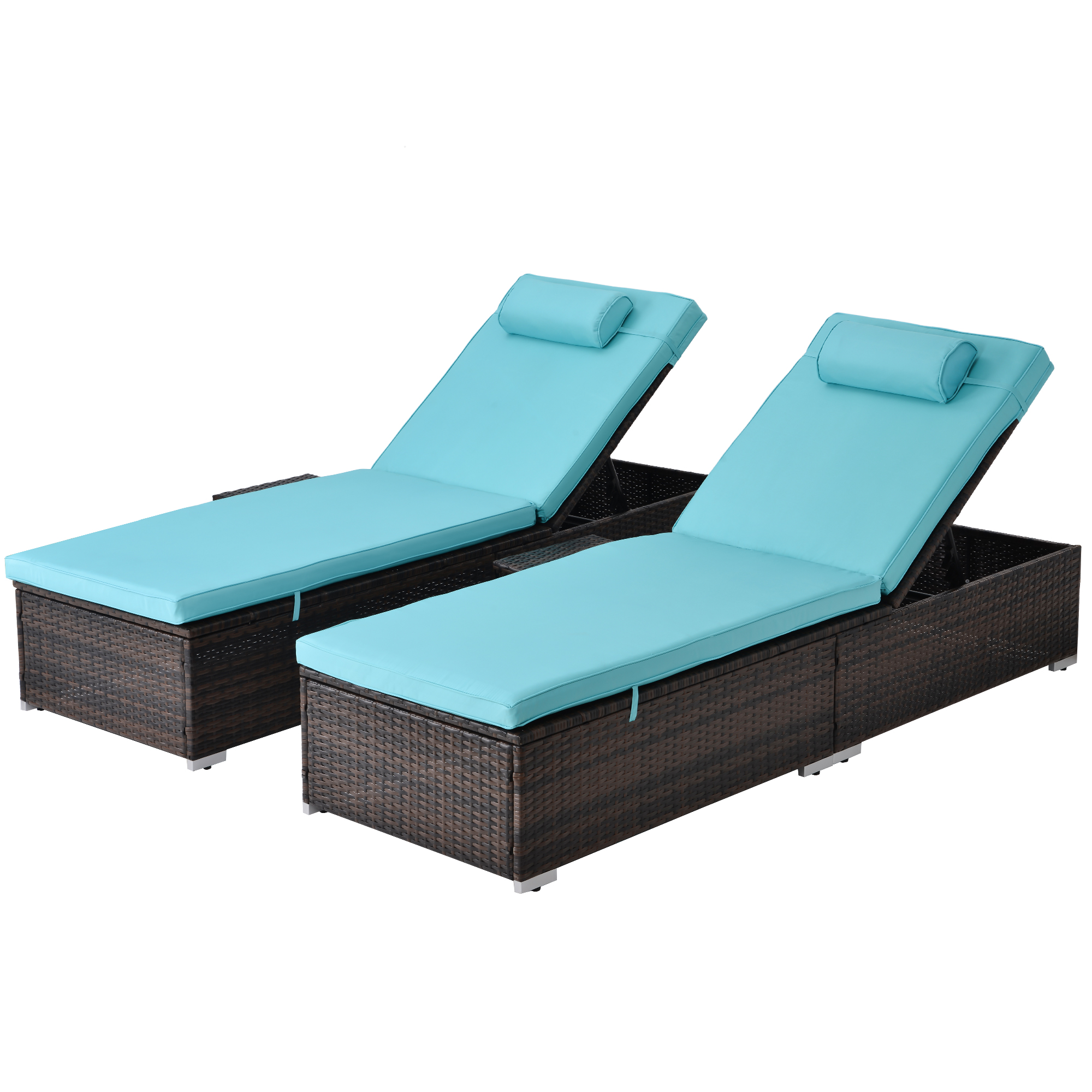 Outdoor PE Wicker Chaise Lounge Set, 2 Piece Garden Adjustable Chaise Lounge, Patio Rattan Reclining Chair Furniture Set, Beach Pool Adjustable Backrest Recliners with Blue Cushions - image 1 of 9