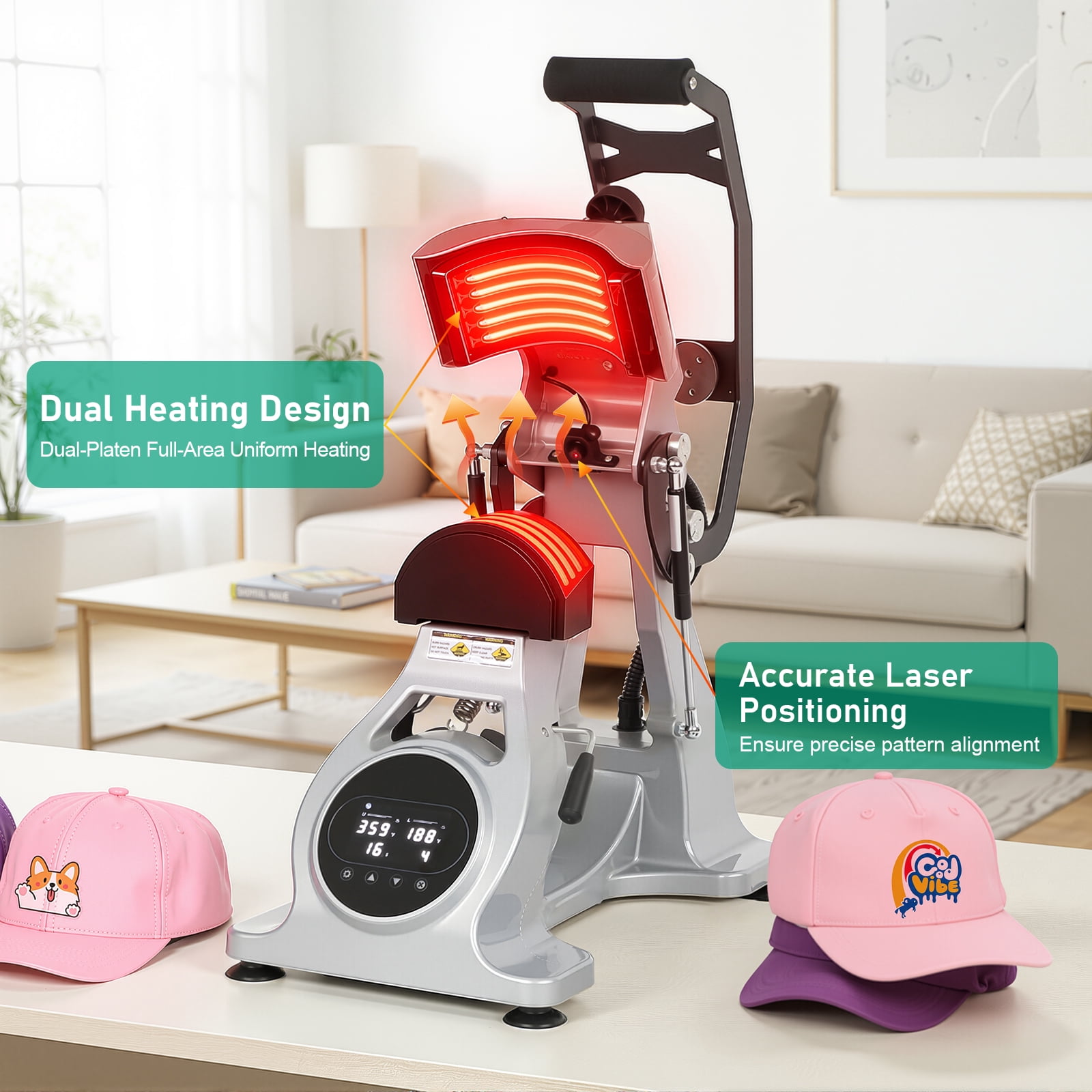 Hemoton Versatile Grey Cap Heat Press Machine, Dual Heaters, Magnetic Semi-Auto Design, Ideal for Crafts
