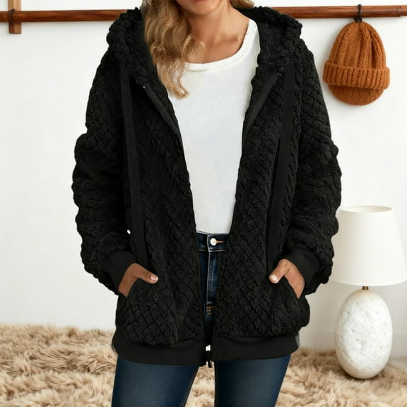 ZunFeo Women's Warm Plush Jacket Hooded Zip-up Soft Loose Fall Winter Lightweight Coat with Pockets, Black L