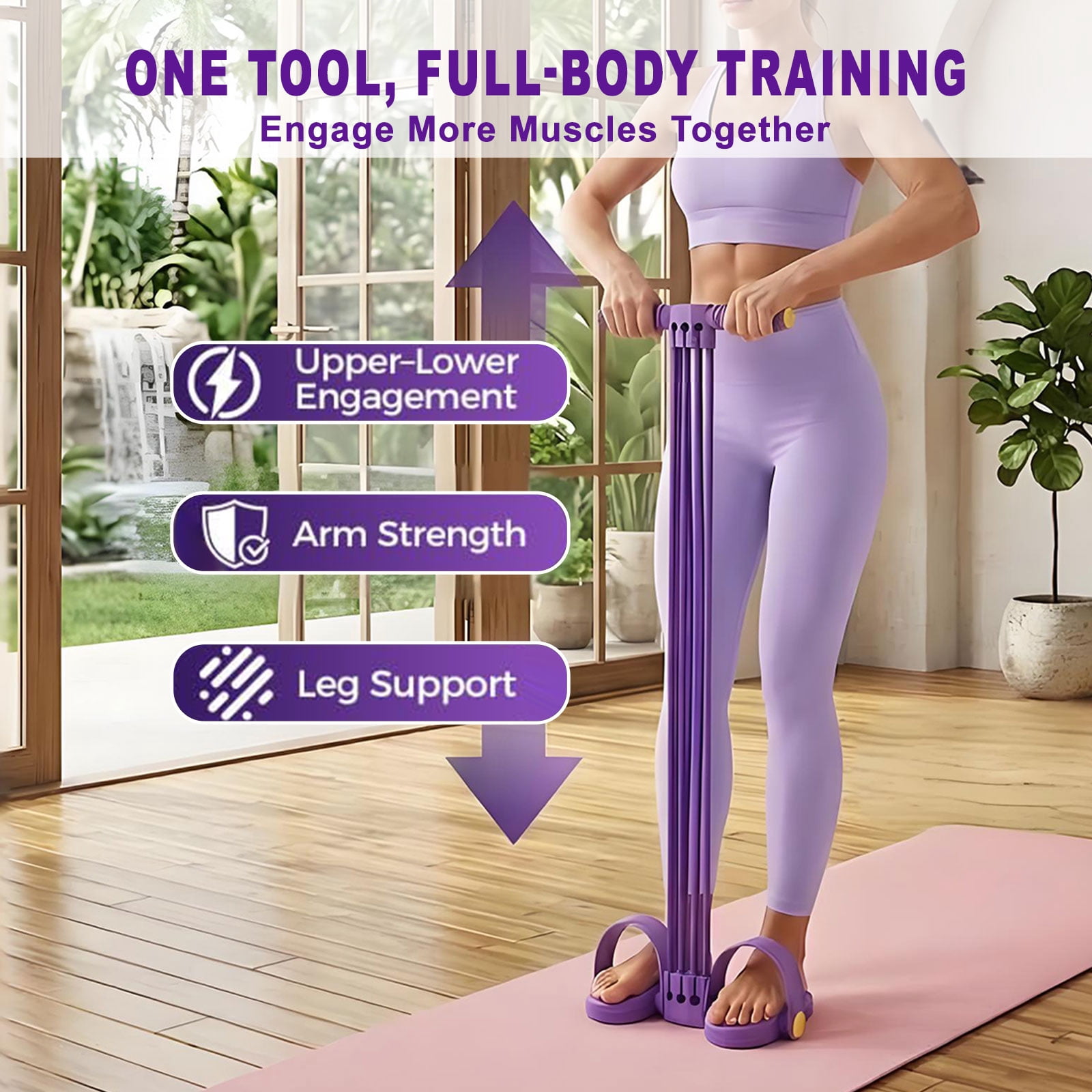 Pedal Resistance Band 6-Tube with Handles, Natural Rubber Full Body Workout.(Pink)