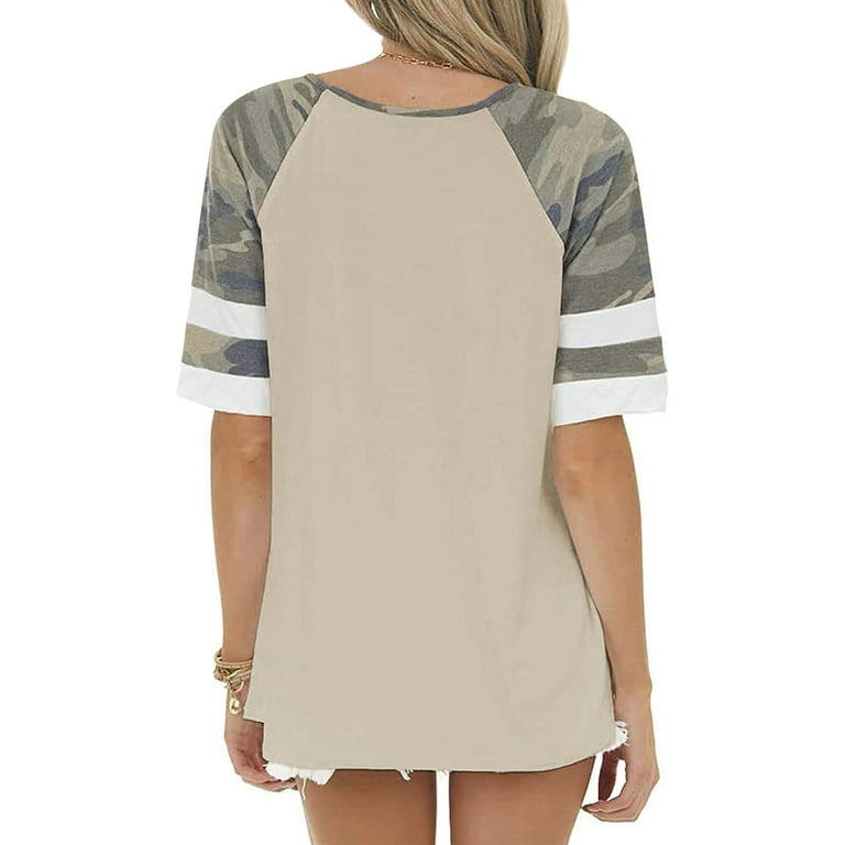 HUBERY Women Round Neck Camo Spliced Colorblock Short Sleeve T Shirt