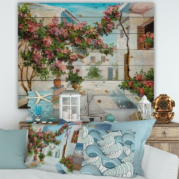 Designart 'Blossoming Flowers With White House Near The Sea' Nautical & Coastal Print on Natural Pine Wood