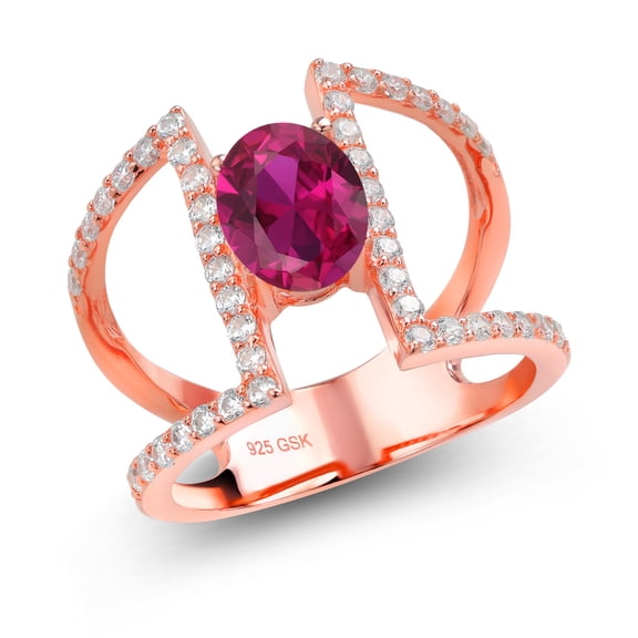 Gem Stone King 2.01 Ct Oval Red Created Ruby 18K Rose Gold Plated Silver Ring (Size 9)