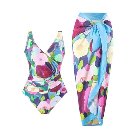 Yanyanz Swim Suits for Women 2025  Women s Retro Fashion V Neck Swimsuit with Beach Cover Up Wrap Skirt Two Bikini Set  Women Swimsuits