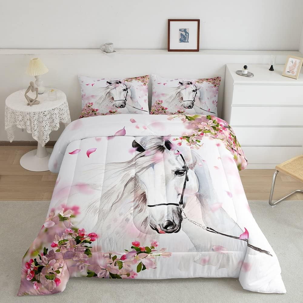 YST Girls Horse Comforter Set Full Chic Cherry Blossom Bedding Boys