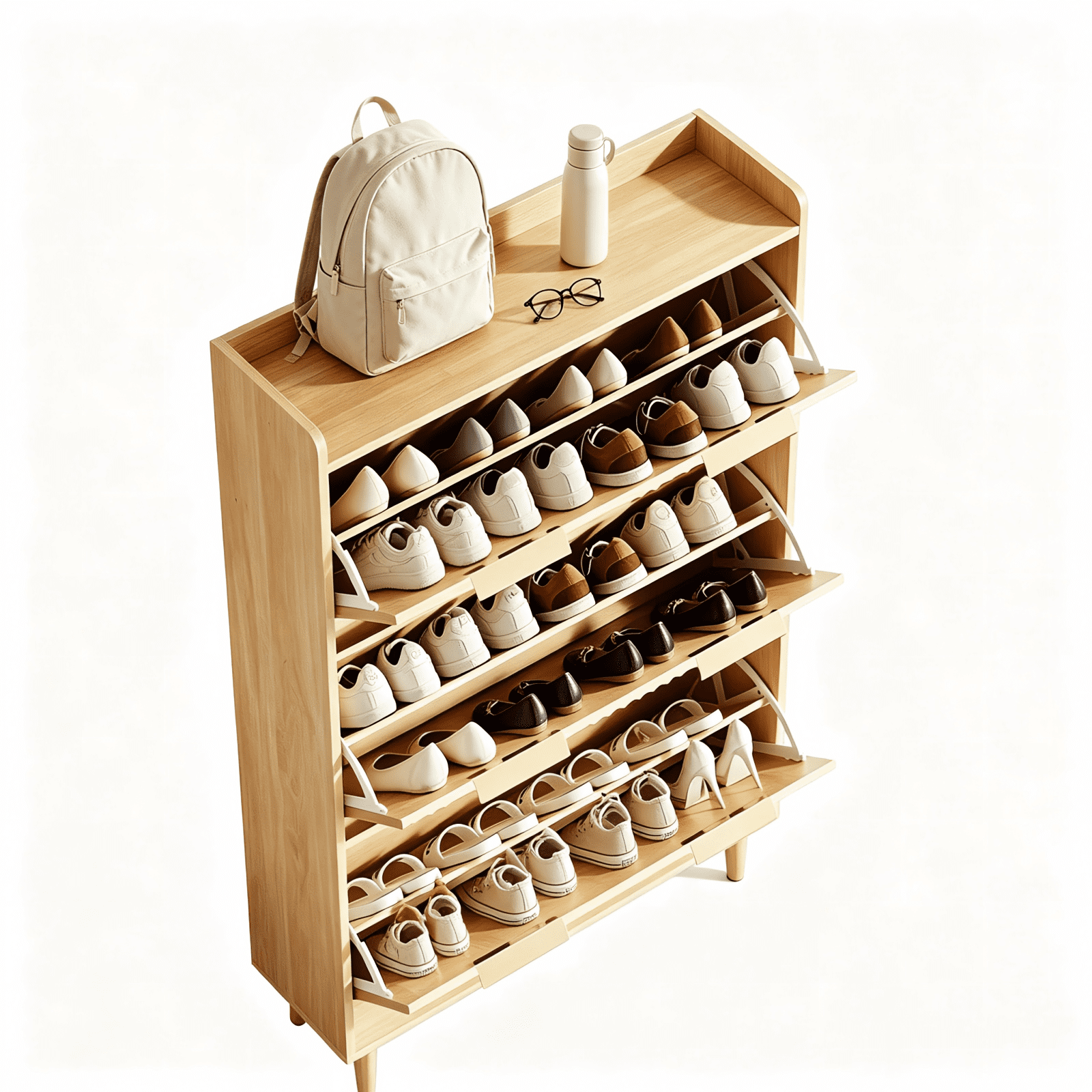 3-Drawer Shoe Cabinet with Top Grille Panel MDF Door Panels with Thermoforming + Champagne Gold Door Seams and Handles + Conical Legs for the Shoe Cabinet, 31.61*14.17*52.95in, Oak