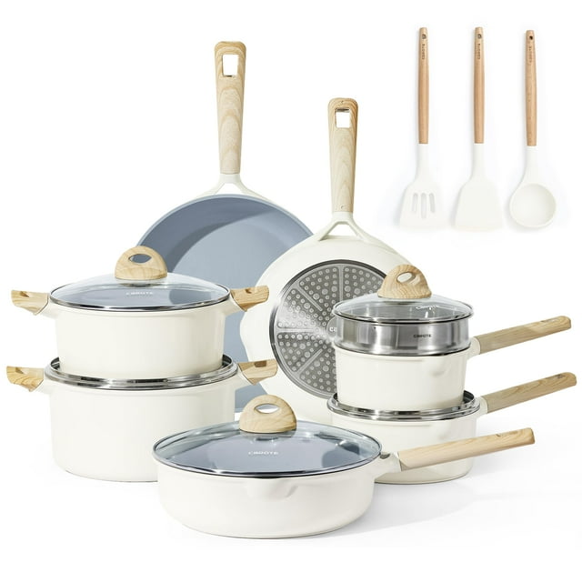 CAROTE - Juego de 16 ollas y sartenes de cerámica, juego de utensilios de cocina antiadherentes, juego de ollas de granito, ollas de inducción de cocina y sartenes, juegos de cocina, color blanco