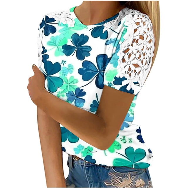 Camisas de Manga Corta para las Mujeres Impresión Cuello Redondo Suéter Encaje Blusa, Top Casual para el Hogar Y Diario
