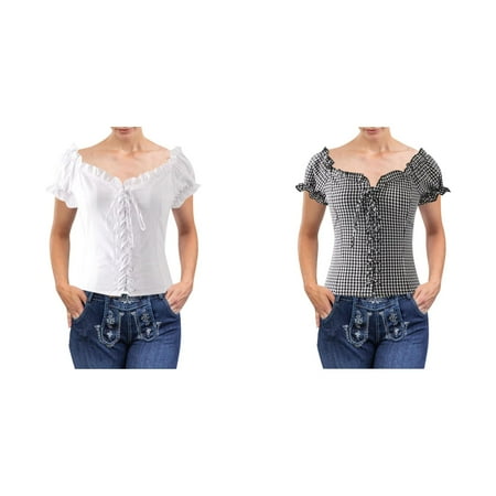 (2-Packs) Ladies  Oktoberfest Plaid Waist Long Sleeve Undershirts for Women Cincher Tie Front Short Cotton Blend Long Sleeve Shirt Ideal for Festival and Casual Women Running Shirt Outings