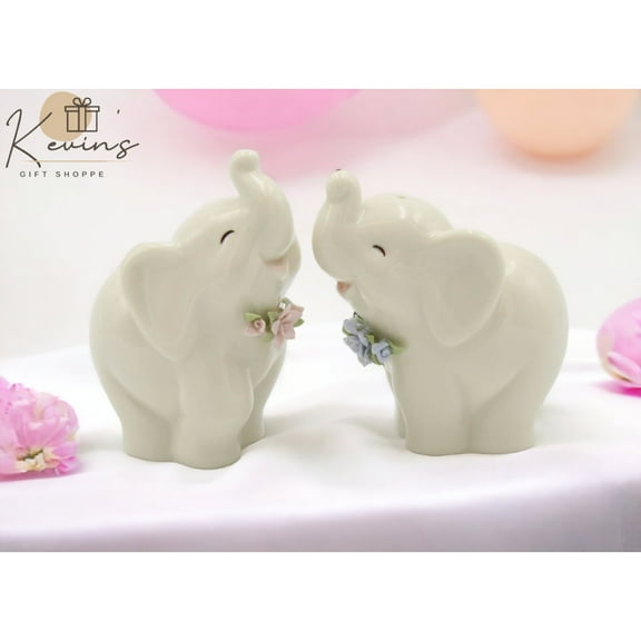 Ceramic Elephant Salt and Pepper Shakers Blue Pink Flowers 3 inch Gift