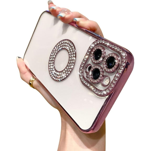 Compatible for iPhone 13 Pro Case with Luxury Clear Plating Logo View Glitter Cute Diamond Sparkly Design Aesthetic Women Teen Girls Phone Cases Bling Camera Protective Cover-Rose Gold