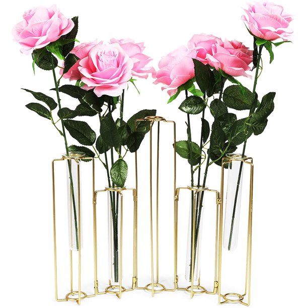 Set of 6 Gold Metal Hinged Plant Stand Set with Glass Test Tube Flower
