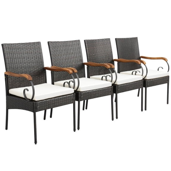 Topcobe Set of 2/4 Outdoor PE Wicker Chair with Acacia Wood Armrests-Set of 4, Outdoor Deck Furniture