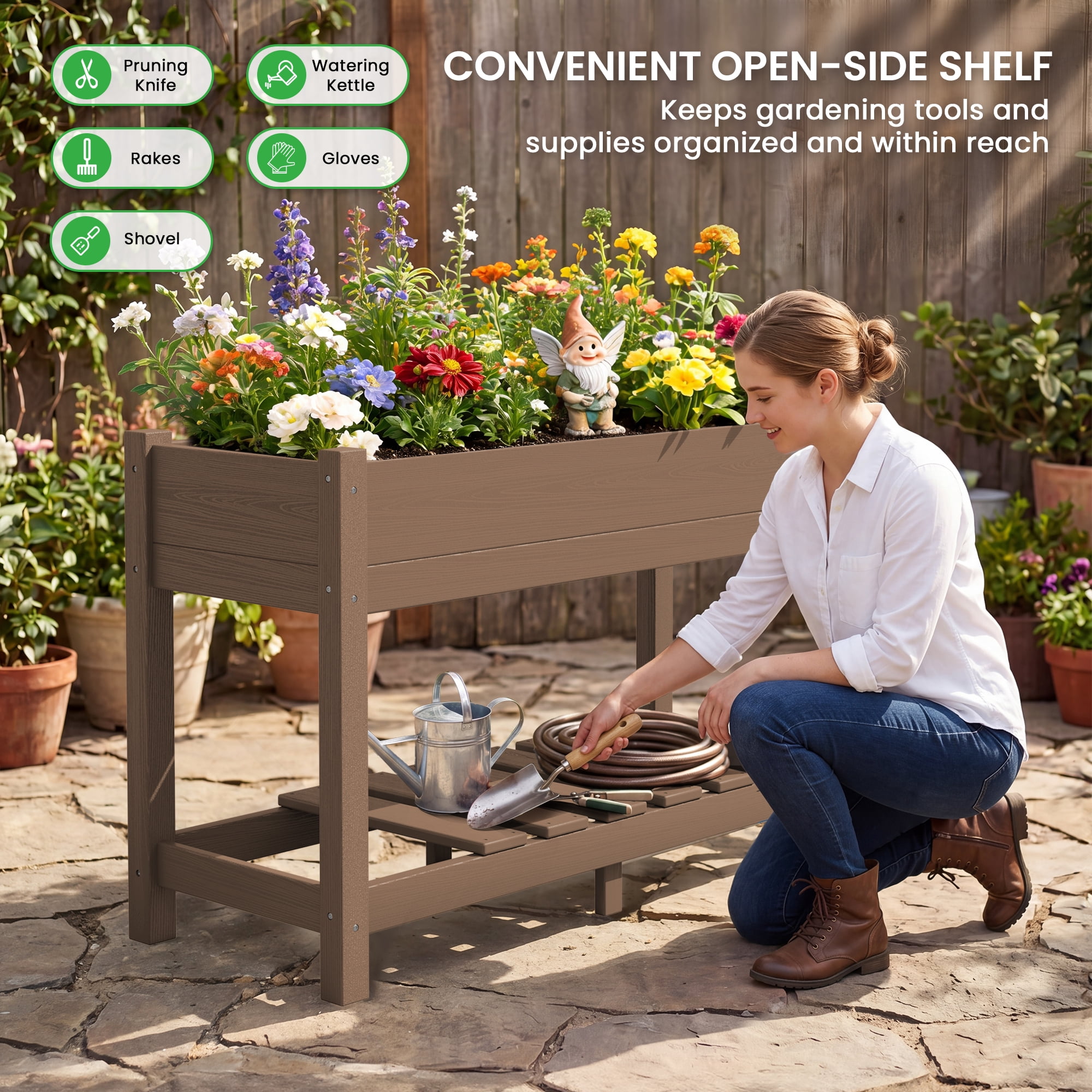SERWALL HDPE Raised Garden Bed with Legs, 43"x16"x30" Elevated Planter Box, Outdoor Planter for Vegetables Flowers, 2-Piece, Brown