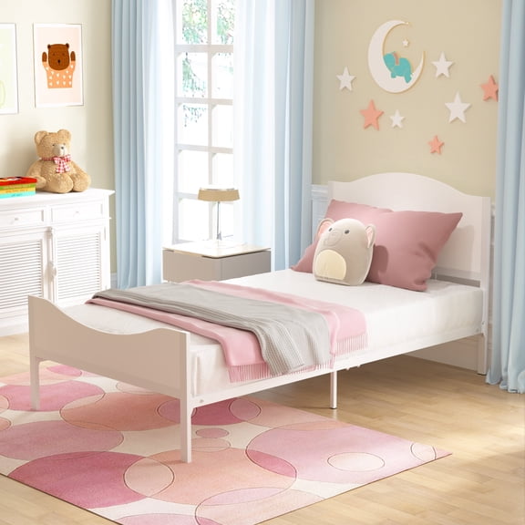 Yoneston Kids Twin Metal Platform Bed Frame with Wooden Headboard for Children, Teens Boys & Girls, No Box Spring Needed, White