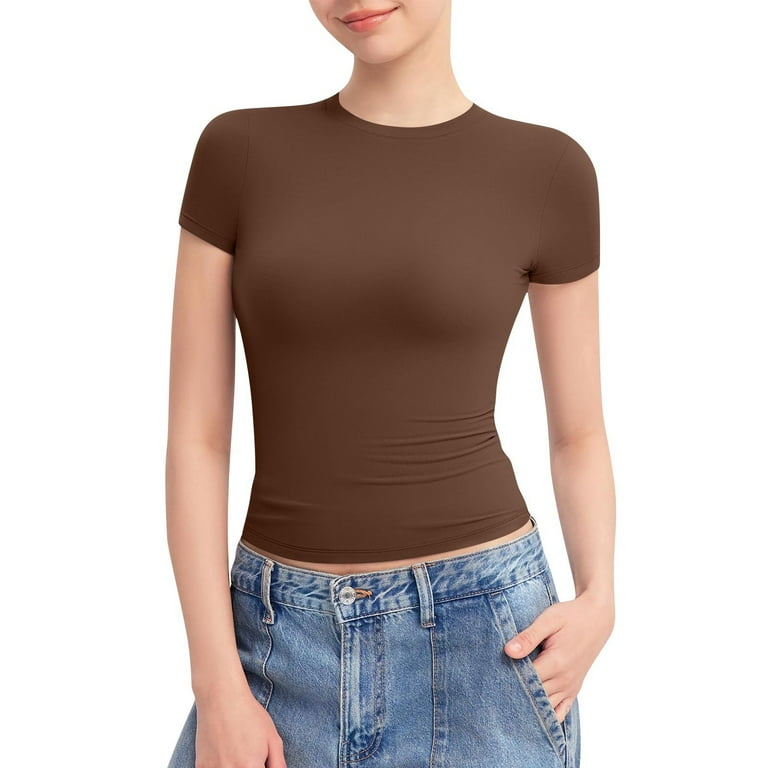 DENGDENG Fitted T Shirts for Women Summer Short Sleeve Crew Neck