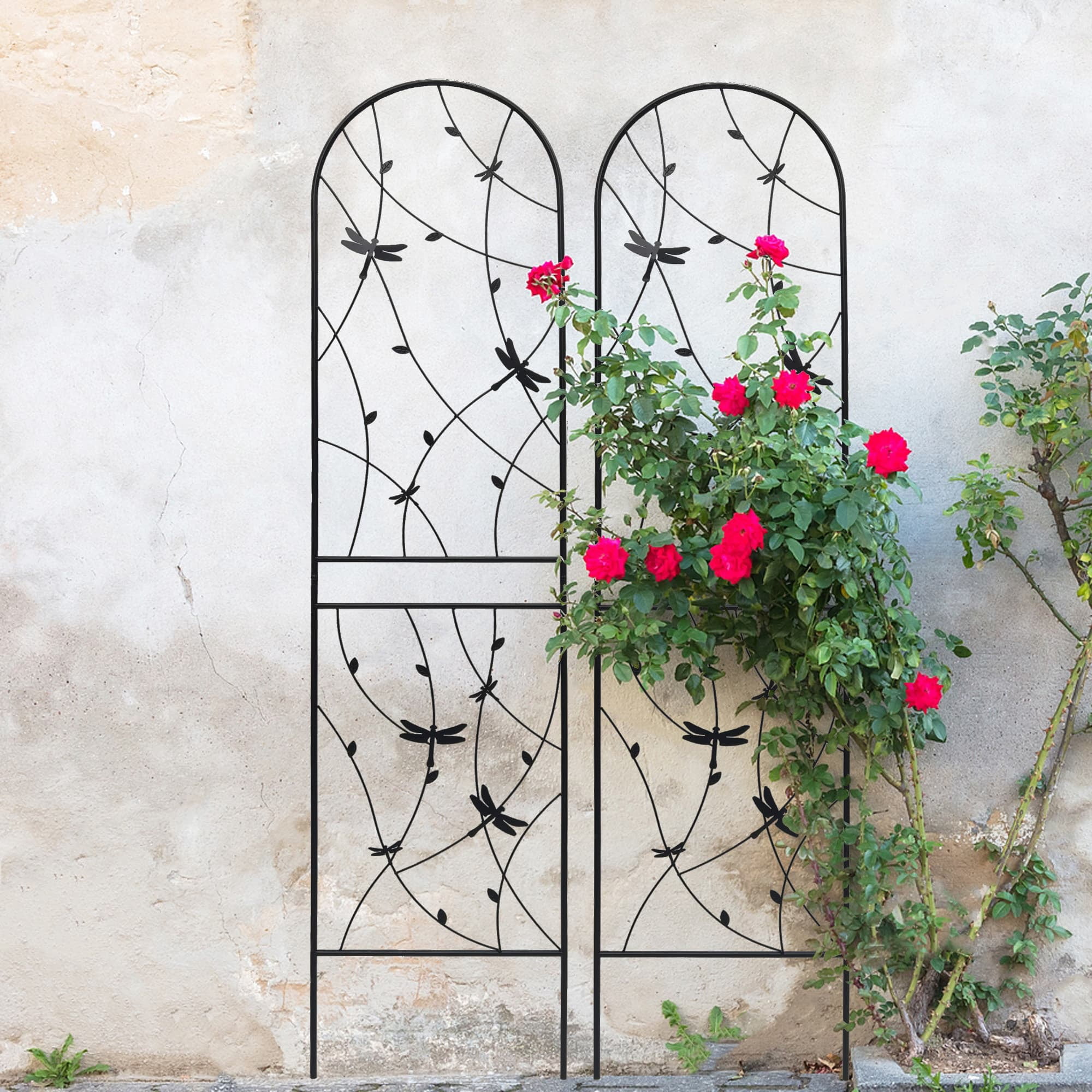 MAYEERTY 2 Pack Metal Garden Trellis 86.7 x 19.7 Inch Rustproof Climbing Plants Support Dragonfly Deco Black Outdoor Flower