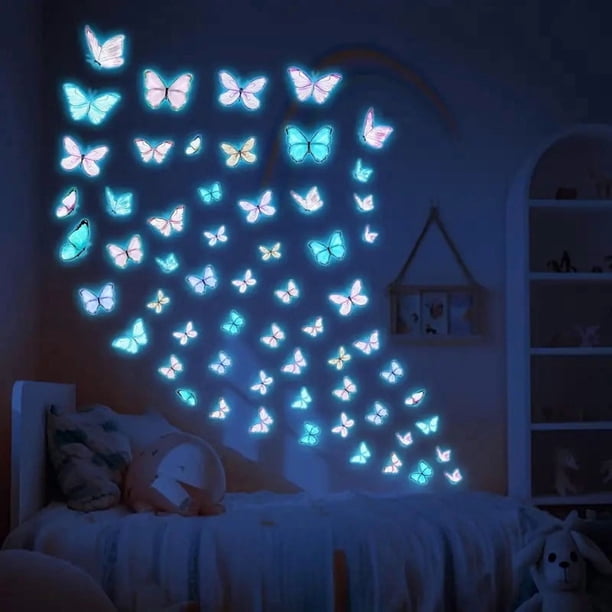 2 mariposas luminosas multicolor for decorar paredes y techos. Incluyen mariposas rosas, verdes, moradas y azules. Adhesivos fluorescentes de pared.