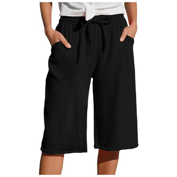 vigerkar Linen Shorts for Women Drawstring High Waisted Plus Size Shorts Summer Vacation Loose Beach Pants with Pockets Black, XXL