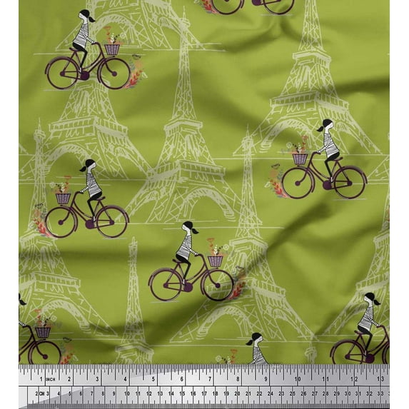 Soimoi Polyester Crepe Fabric Girl,Bicycle & Eiffel Tower Architectural Print Sewing Fabric Yard 52 Inch Wide