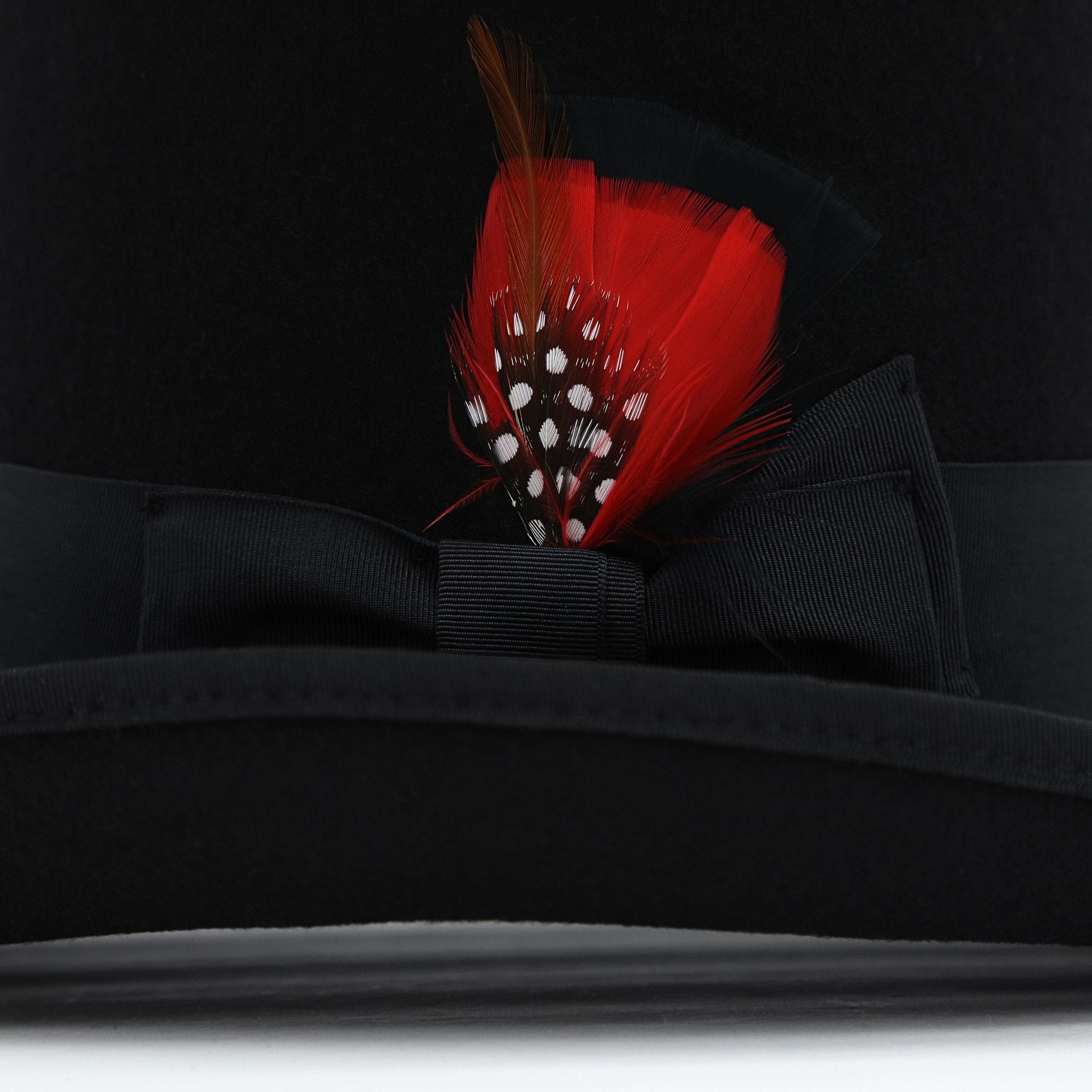 FERRECCI BLACK WOOL FEDORA HAT W RIBBON TRIM & FEATHER SZ MEDIUM Ferrecci Satin Lined Black Wool Top Hat with Grosgrain  main image 4