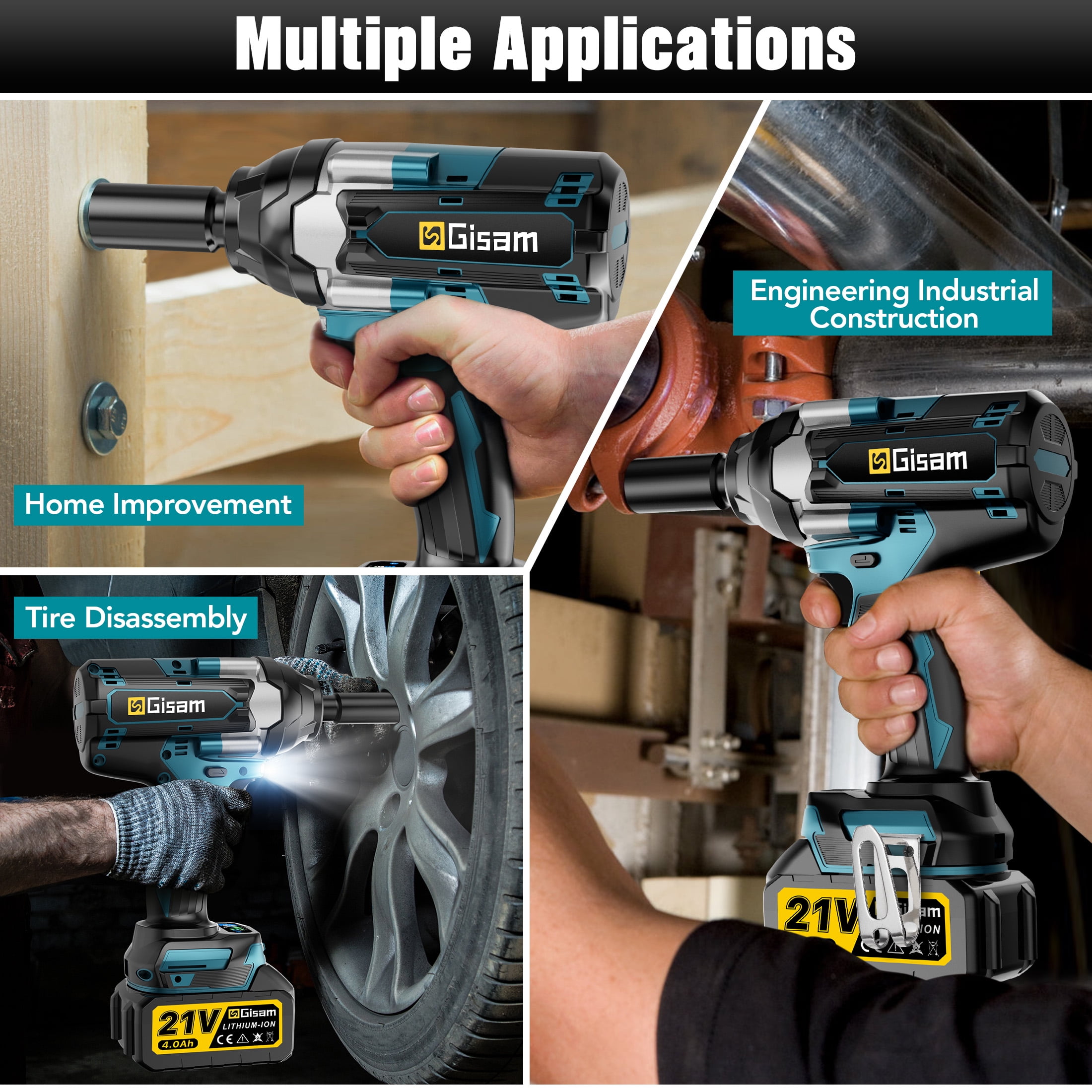Gisam 1000N.m(738 ft-lbs) Cordless Brushless Impact Wrench,1/2 inch Impact Gun with 2x4.0Ah Batteries & 6 Sockets Accessories ,Pistola De Impacto for Home Car Tire