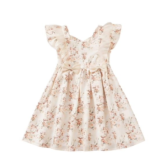 Girls Floral Flutter Sleeve Dress A-Line Square Neck Summer Sundress Pink Floral Kids Little Girl Ages 2-8 Years,Size 4-5T